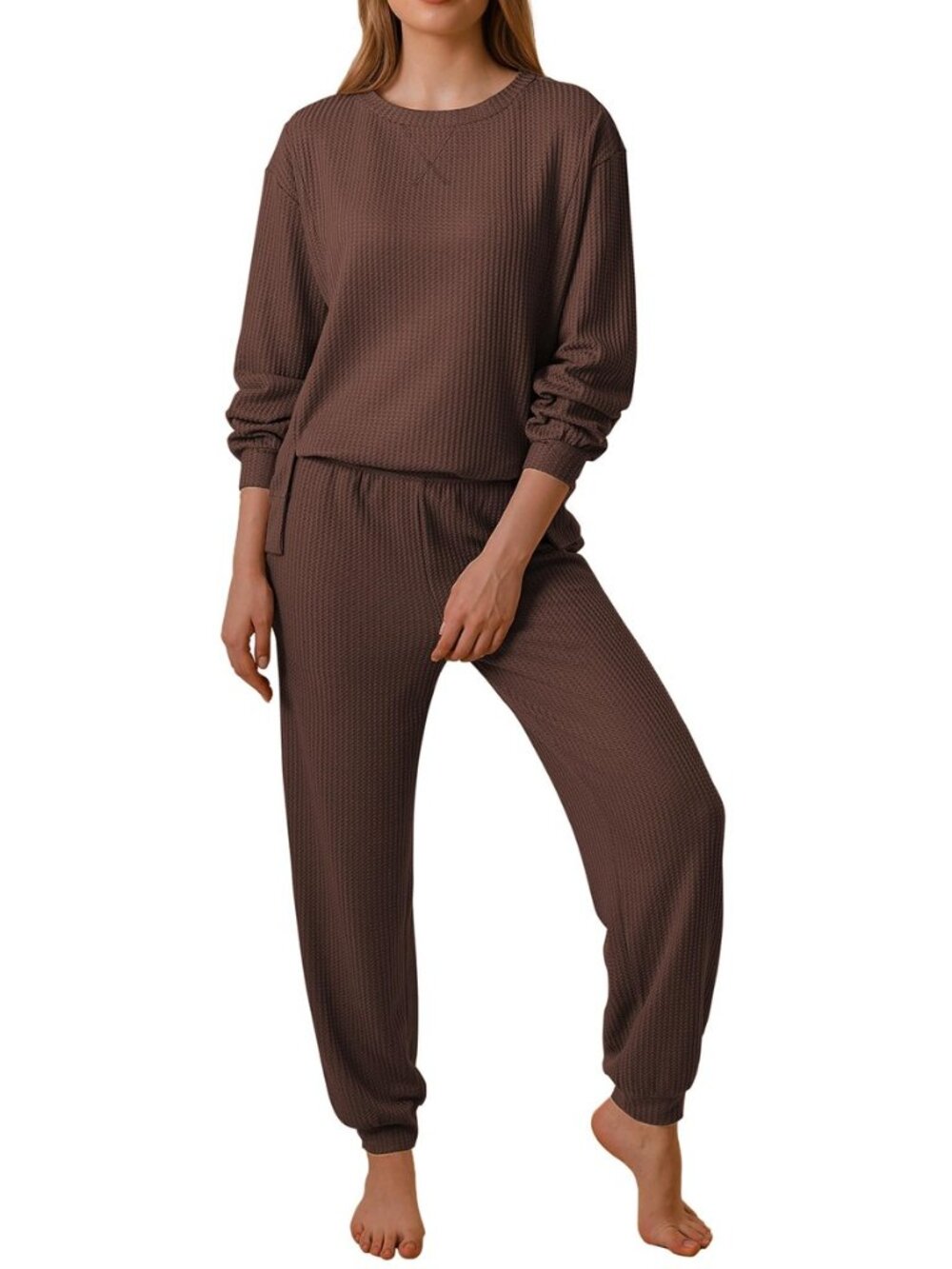 Waffle Knit Lounge Sets for Women Long Sleeve Pajamas with Pockets